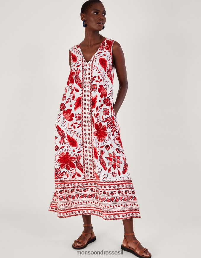 הַלבָּשָׁה Monsoon הדפס שמלת מידי בתערובת פשתן אָדוֹם נשים HTJ0TZ759