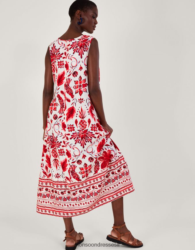הַלבָּשָׁה Monsoon הדפס שמלת מידי בתערובת פשתן אָדוֹם נשים HTJ0TZ759
