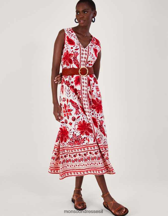 הַלבָּשָׁה Monsoon הדפס שמלת מידי בתערובת פשתן אָדוֹם נשים HTJ0TZ759