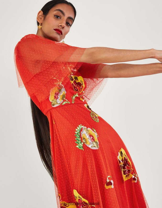 הַלבָּשָׁה Monsoon שמלת מידי מקושטת של קלאודיה אָדוֹם נשים HTJ0TZ764