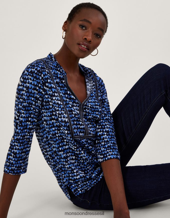 הַלבָּשָׁה Monsoon עליונית פשתן בהדפס לב כְּחוֹל נשים HTJ0TZ766