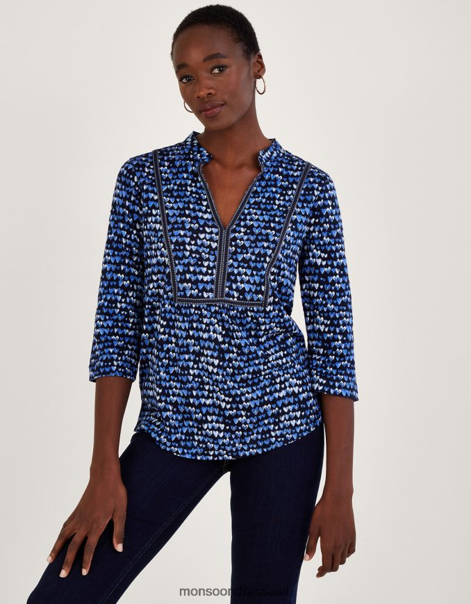 הַלבָּשָׁה Monsoon עליונית פשתן בהדפס לב כְּחוֹל נשים HTJ0TZ766