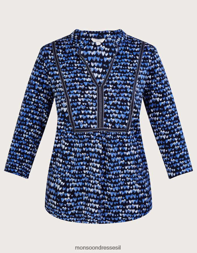 הַלבָּשָׁה Monsoon עליונית פשתן בהדפס לב כְּחוֹל נשים HTJ0TZ766