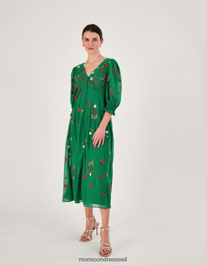 הַלבָּשָׁה Monsoon שמלה רקומה באמצעות כפתור סימון בפוליאסטר ממוחזר ירוק נשים HTJ0TZ769