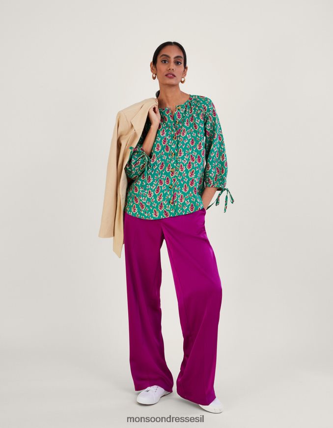 הַלבָּשָׁה Monsoon הדפס כפתור קשירה דרך חולצת פשתן ירוק נשים HTJ0TZ772