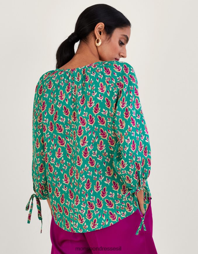 הַלבָּשָׁה Monsoon הדפס כפתור קשירה דרך חולצת פשתן ירוק נשים HTJ0TZ772