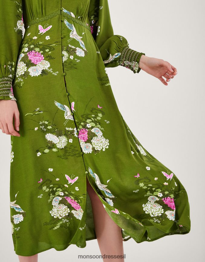 הַלבָּשָׁה Monsoon שמלת תה עם הדפס פרחוני בוויסקוזה בר-קיימא ירוק נשים HTJ0TZ777