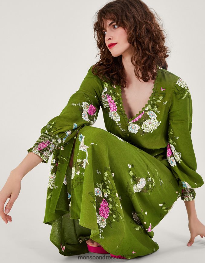 הַלבָּשָׁה Monsoon שמלת תה עם הדפס פרחוני בוויסקוזה בר-קיימא ירוק נשים HTJ0TZ777