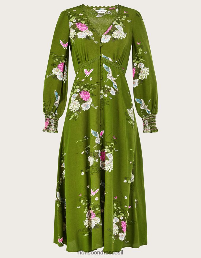 הַלבָּשָׁה Monsoon שמלת תה עם הדפס פרחוני בוויסקוזה בר-קיימא ירוק נשים HTJ0TZ777