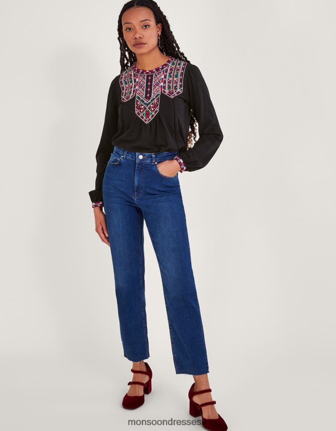 הַלבָּשָׁה Monsoon חולצת ג'רסי רקומה שָׁחוֹר נשים HTJ0TZ78