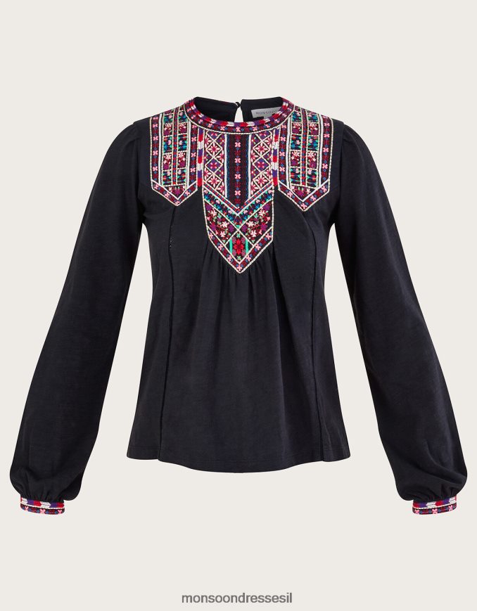 הַלבָּשָׁה Monsoon חולצת ג'רסי רקומה שָׁחוֹר נשים HTJ0TZ78