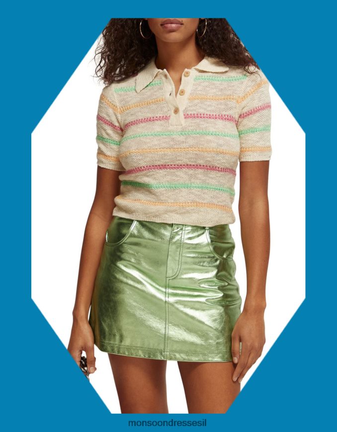 הַלבָּשָׁה Monsoon סוודר עם שרוולים קצרים עם צווארון פסים סקוטש וסודה טִבעִי נשים HTJ0TZ792