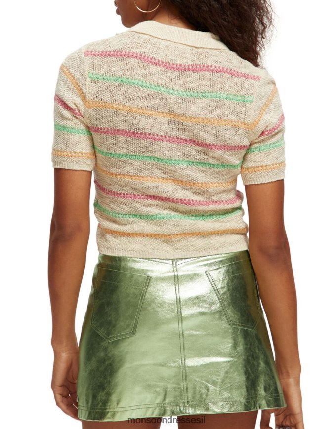 הַלבָּשָׁה Monsoon סוודר עם שרוולים קצרים עם צווארון פסים סקוטש וסודה טִבעִי נשים HTJ0TZ792