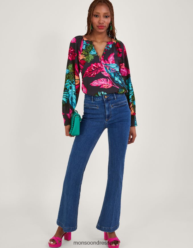 הַלבָּשָׁה Monsoon חולצה בהדפס דקל של בריה בוויסקוזה בר-קיימא כחול (חצות) נשים HTJ0TZ795