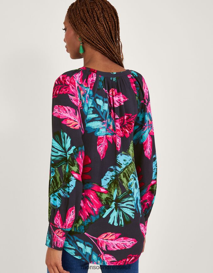 הַלבָּשָׁה Monsoon חולצה בהדפס דקל של בריה בוויסקוזה בר-קיימא כחול (חצות) נשים HTJ0TZ795