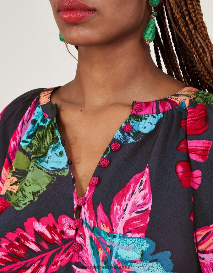 הַלבָּשָׁה Monsoon חולצה בהדפס דקל של בריה בוויסקוזה בר-קיימא כחול (חצות) נשים HTJ0TZ795