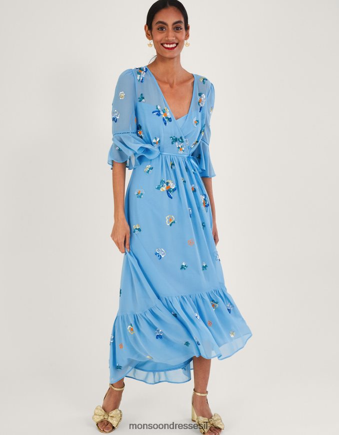 הַלבָּשָׁה Monsoon שמלת מעטפת מעוטרת של דניאלה מפוליאסטר ממוחזר כְּחוֹל נשים HTJ0TZ804