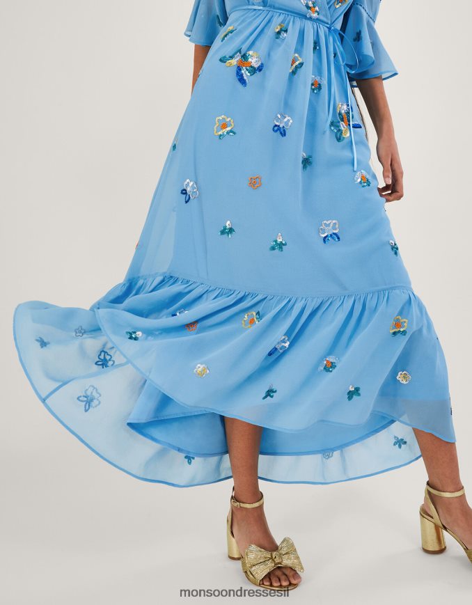 הַלבָּשָׁה Monsoon שמלת מעטפת מעוטרת של דניאלה מפוליאסטר ממוחזר כְּחוֹל נשים HTJ0TZ804