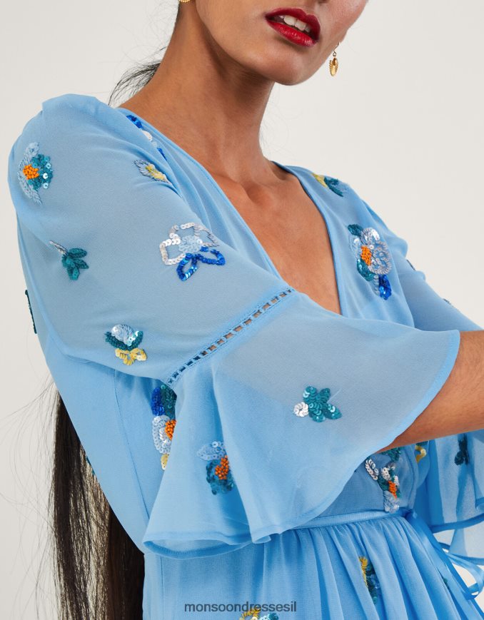 הַלבָּשָׁה Monsoon שמלת מעטפת מעוטרת של דניאלה מפוליאסטר ממוחזר כְּחוֹל נשים HTJ0TZ804