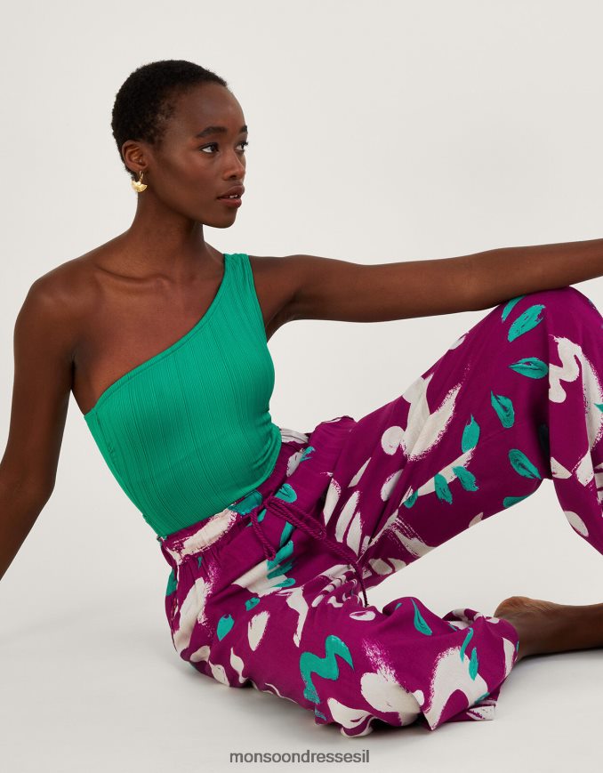 הַלבָּשָׁה Monsoon מכנסיים רחבים בהדפס משיכות מכחול מופשטות ורוד כהה נשים HTJ0TZ805