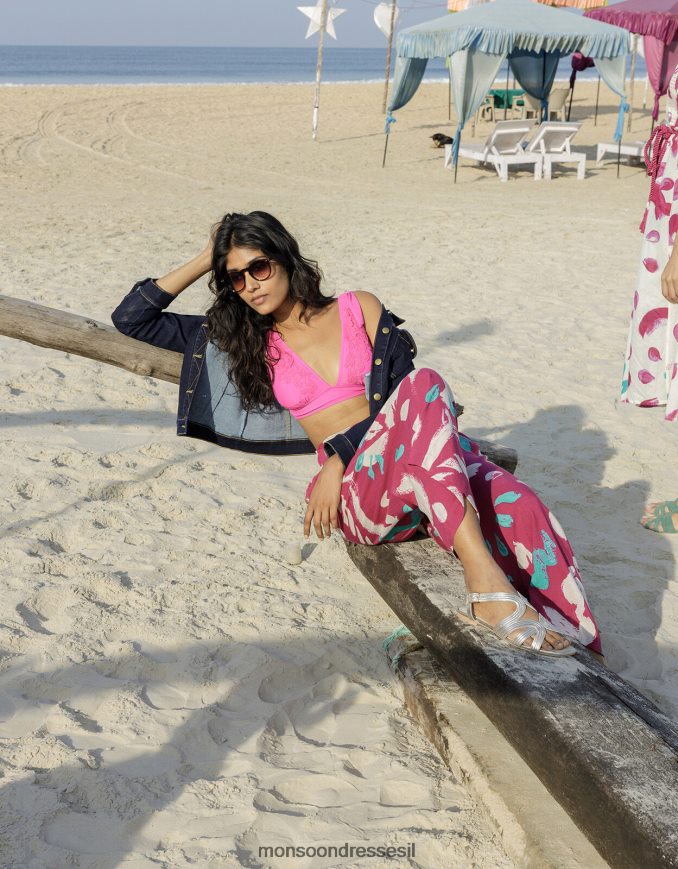 הַלבָּשָׁה Monsoon מכנסיים רחבים בהדפס משיכות מכחול מופשטות ורוד כהה נשים HTJ0TZ805