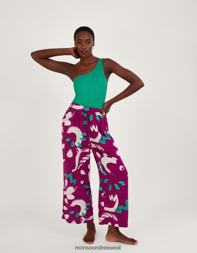 הַלבָּשָׁה Monsoon מכנסיים רחבים בהדפס משיכות מכחול מופשטות ורוד כהה נשים HTJ0TZ805