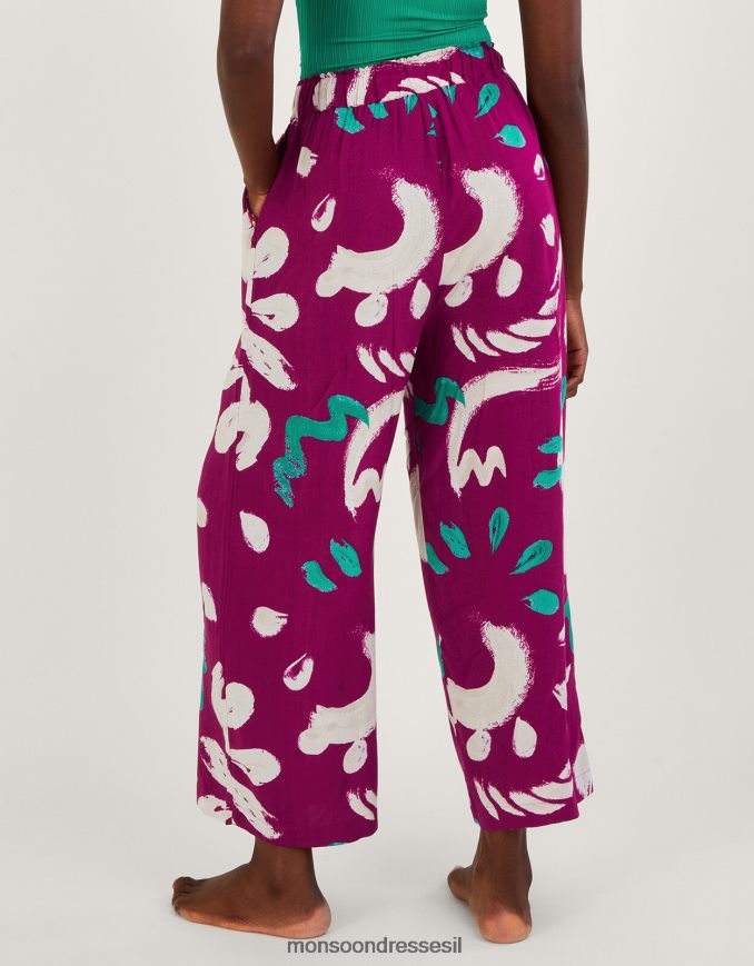 הַלבָּשָׁה Monsoon מכנסיים רחבים בהדפס משיכות מכחול מופשטות ורוד כהה נשים HTJ0TZ805
