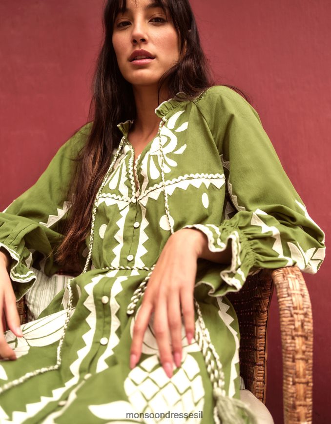 הַלבָּשָׁה Monsoon שמלת אפליקציית אננס רקומה בתערובת פשתן ירוק נשים HTJ0TZ809