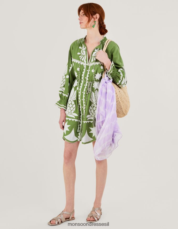 הַלבָּשָׁה Monsoon שמלת אפליקציית אננס רקומה בתערובת פשתן ירוק נשים HTJ0TZ809