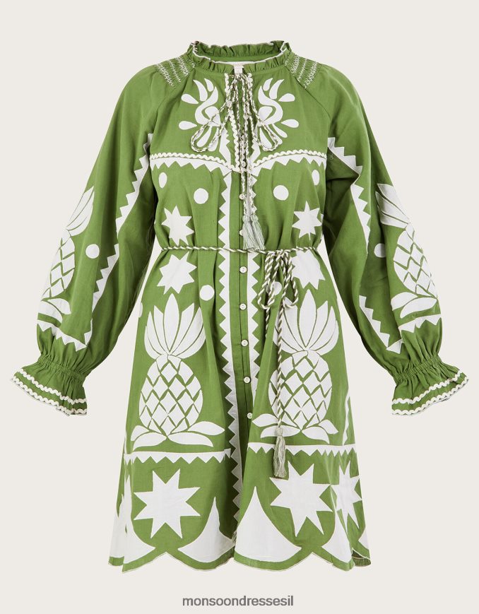 הַלבָּשָׁה Monsoon שמלת אפליקציית אננס רקומה בתערובת פשתן ירוק נשים HTJ0TZ809