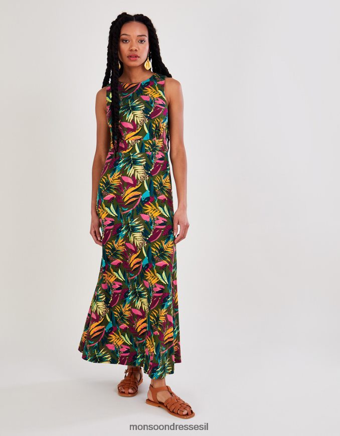 הַלבָּשָׁה Monsoon שמלת ג'רסי דקל גזורה מאחור ירוק (חאקי) נשים HTJ0TZ813