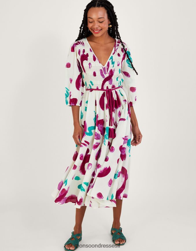 הַלבָּשָׁה Monsoon שמלת מידי מרומזת בהדפס משיכות מכחול מופשטת בכותנה בת קיימא שֶׁנהָב נשים HTJ0TZ824