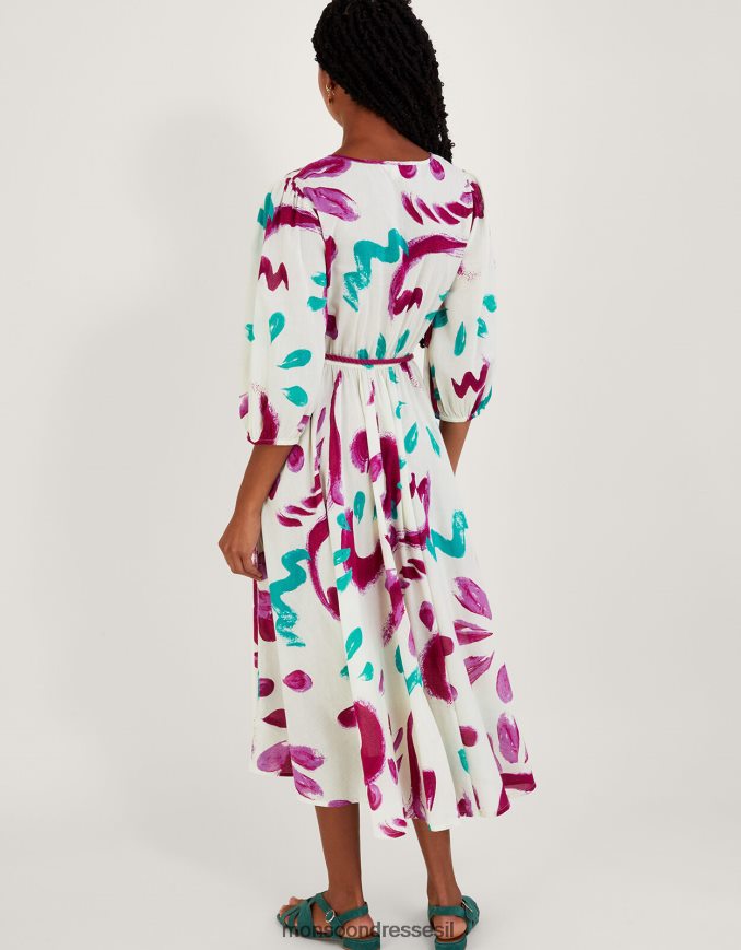 הַלבָּשָׁה Monsoon שמלת מידי מרומזת בהדפס משיכות מכחול מופשטת בכותנה בת קיימא שֶׁנהָב נשים HTJ0TZ824