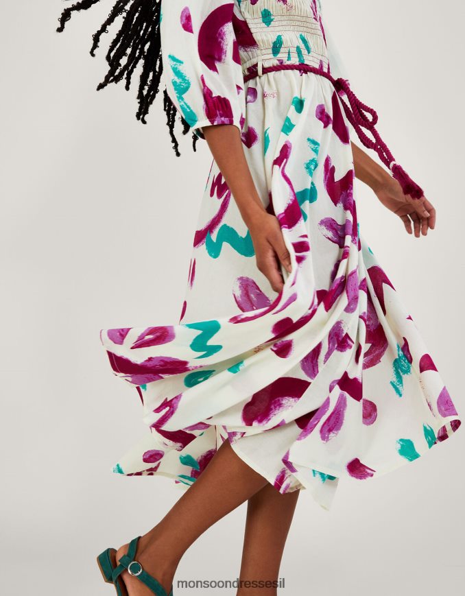 הַלבָּשָׁה Monsoon שמלת מידי מרומזת בהדפס משיכות מכחול מופשטת בכותנה בת קיימא שֶׁנהָב נשים HTJ0TZ824