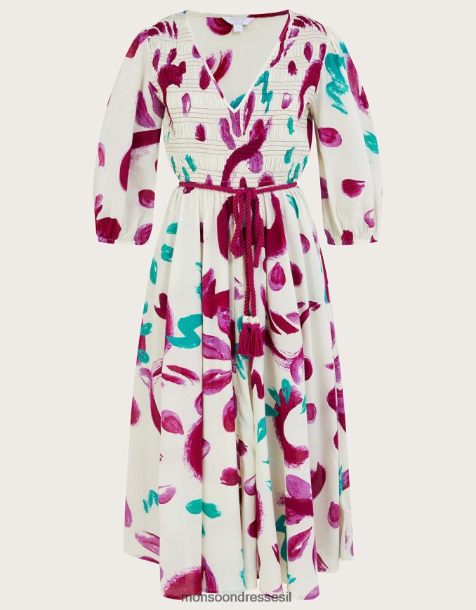 הַלבָּשָׁה Monsoon שמלת מידי מרומזת בהדפס משיכות מכחול מופשטת בכותנה בת קיימא שֶׁנהָב נשים HTJ0TZ824