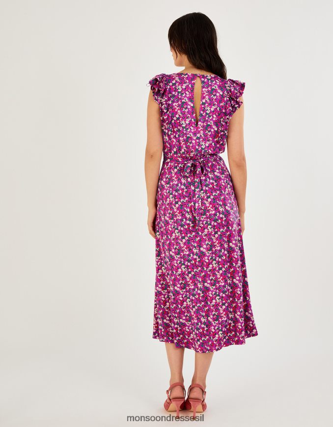 הַלבָּשָׁה Monsoon שמלת מידי פרחונית ללא שרוולים עם סלסולים סָגוֹל נשים HTJ0TZ826