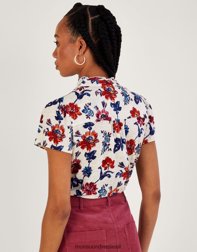 הַלבָּשָׁה Monsoon עליונית פשתן עם שרוול כובע פרחוני מודפס רַב נשים HTJ0TZ844