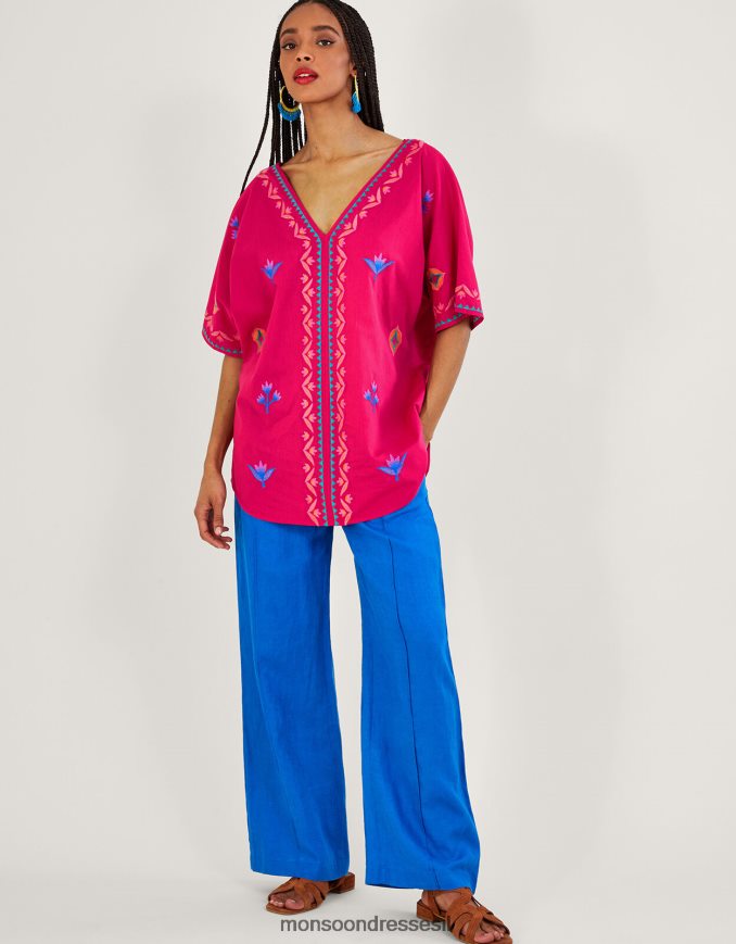 הַלבָּשָׁה Monsoon חלק עליון רקום עם שרוולים נמוכים וָרוֹד נשים HTJ0TZ854