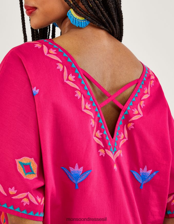 הַלבָּשָׁה Monsoon חלק עליון רקום עם שרוולים נמוכים וָרוֹד נשים HTJ0TZ854