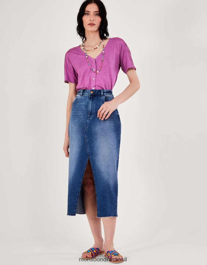 הַלבָּשָׁה Monsoon חולצת טריקו פשתן עם כפתורים דרך תחרה סָגוֹל נשים HTJ0TZ85