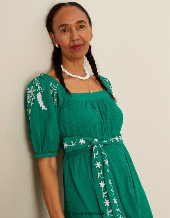 הַלבָּשָׁה Monsoon שמלה רקומה עם צווארון מרובע עם פנים כפולות ירוק נשים HTJ0TZ860