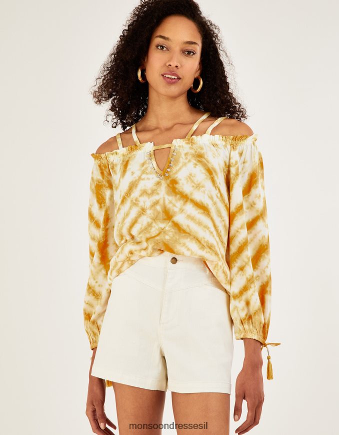 הַלבָּשָׁה Monsoon חלק עליון עם שרוול ארוך מודפס צהוב (אוקרה) נשים HTJ0TZ869