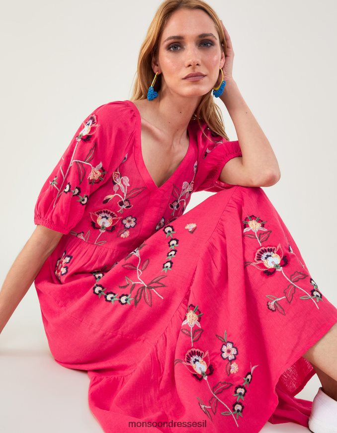 הַלבָּשָׁה Monsoon שמלת מידי רקומה בתערובת פשתן כתום (אלמוגים) נשים HTJ0TZ872