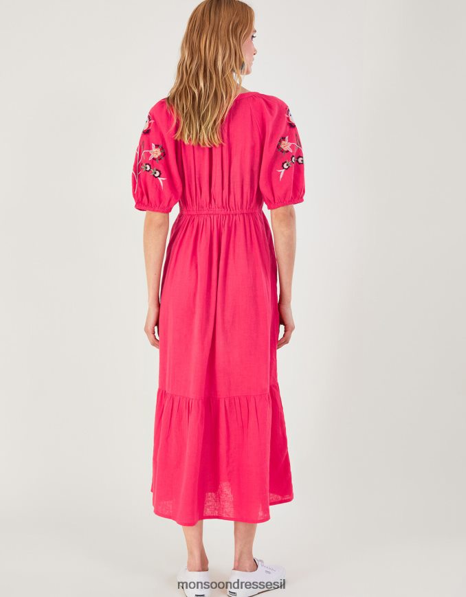 הַלבָּשָׁה Monsoon שמלת מידי רקומה בתערובת פשתן כתום (אלמוגים) נשים HTJ0TZ872