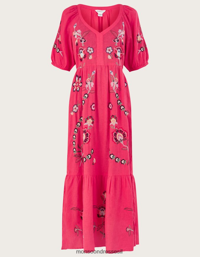 הַלבָּשָׁה Monsoon שמלת מידי רקומה בתערובת פשתן כתום (אלמוגים) נשים HTJ0TZ872