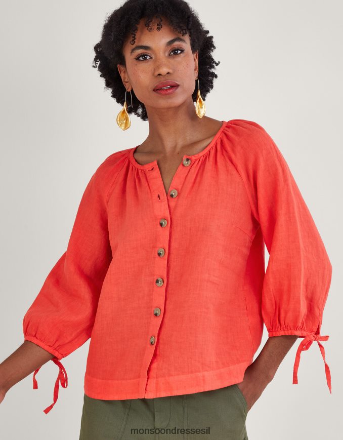 הַלבָּשָׁה Monsoon חולצת פשתן עם צווארון עגול אָדוֹם נשים HTJ0TZ880