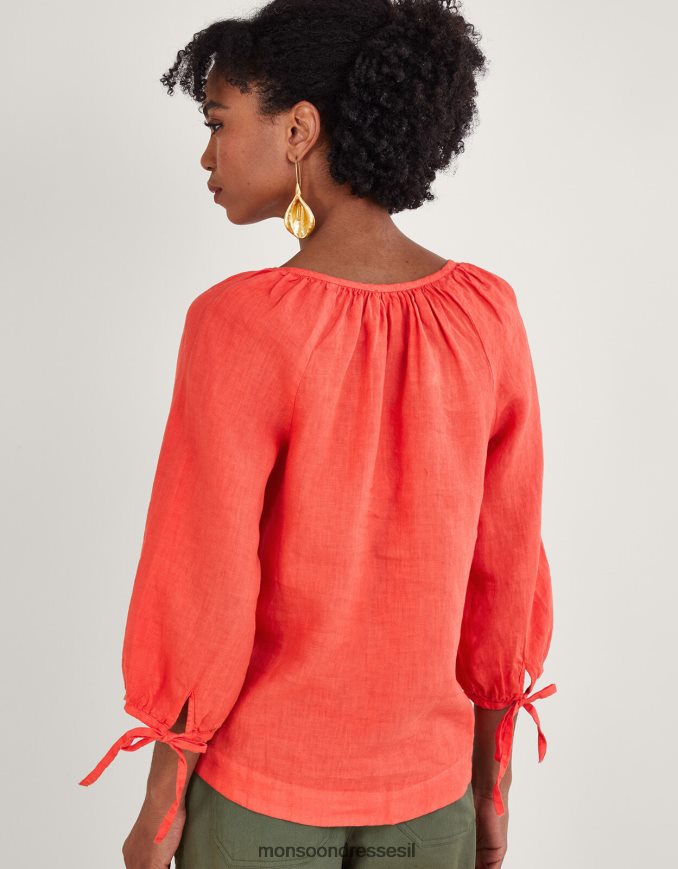 הַלבָּשָׁה Monsoon חולצת פשתן עם צווארון עגול אָדוֹם נשים HTJ0TZ880