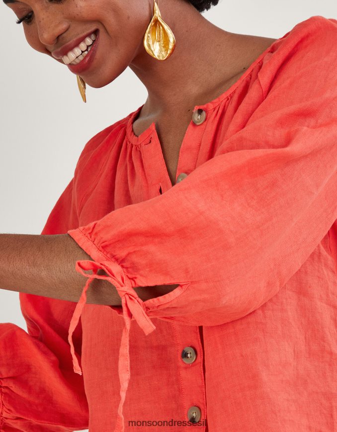 הַלבָּשָׁה Monsoon חולצת פשתן עם צווארון עגול אָדוֹם נשים HTJ0TZ880