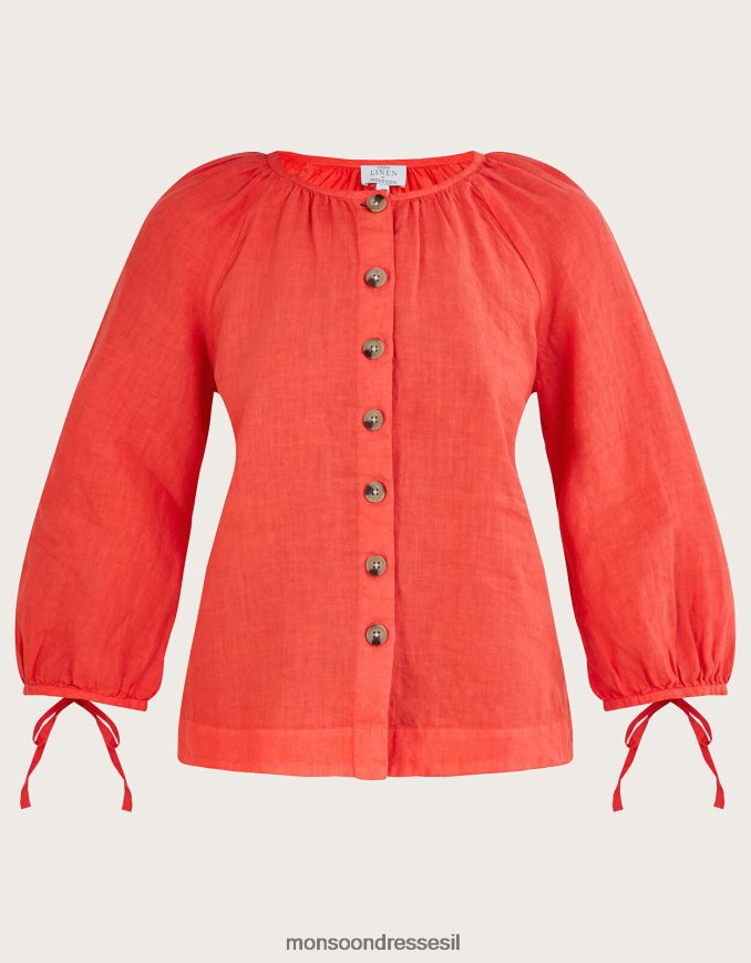 הַלבָּשָׁה Monsoon חולצת פשתן עם צווארון עגול אָדוֹם נשים HTJ0TZ880