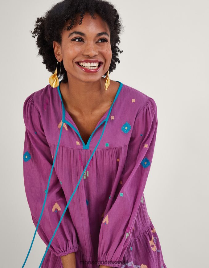 הַלבָּשָׁה Monsoon שמלת מידי רקומה בהדפס גיאומטרי מופשט סָגוֹל נשים HTJ0TZ882